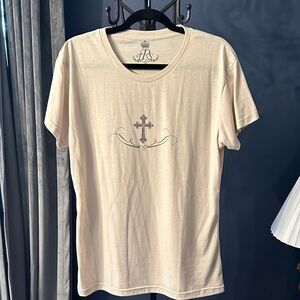 Elegant Cream Short Sleeve Tee with Cross Design